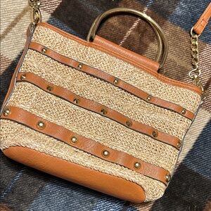 Jessica Simpson Studded Straw Crossbody Bag - Gold Ring Handles
